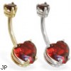 14K Gold belly ring with Garnet double heart CZs