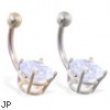 14K Gold belly ring with large 8mm clear Cubic Zirconia