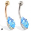 14K Gold belly ring with long aquamarine marquise CZ