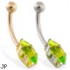 14K Gold belly ring with long peridot marquise CZ