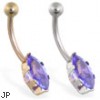14K Gold belly ring with long purple marquise CZ