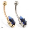 14K Gold belly ring with long sapphire marquise CZ