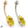 14K Gold belly ring with long yellow marquise CZ