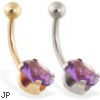 14K Gold belly ring with oval amethyst