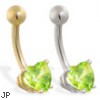 14K Gold belly ring with peridot 6mm CZ heart