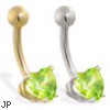 14K Gold belly ring with peridot 6mm CZ heart