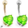 14K Gold belly ring with peridot 8mm CZ heart