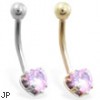 14K Gold belly ring with pink 6mm CZ heart