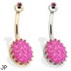 14K Gold Belly Ring With Pink Druzy And Pink Gem Ball