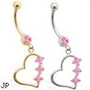 14K Gold belly ring with Pink Tourmaline jeweled dangling heart