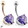 14K Gold belly ring with purple 8mm CZ heart