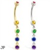 14K Gold belly ring with quadruple Rainbow Gemstone dangle