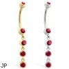 14K Gold belly ring with quadruple Ruby dangle