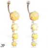 14K Gold belly ring with quadruple yellow opal dangle