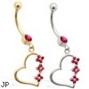 14K Gold belly ring with Ruby jeweled dangling heart