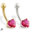 14K Gold belly ring with ruby red 6mm CZ heart