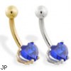 14K Gold belly ring with sapphire 6mm CZ heart