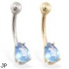 14K Gold belly ring with small aquamarine teardrop CZ