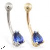 14K Gold belly ring with small blue sapphire teardrop CZ