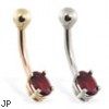 14K Gold belly ring with small dark red oval CZ