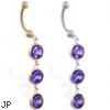 14K Gold belly ring with triple dangling round Amethyst