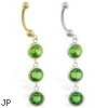 14K Gold belly ring with triple dangling round Peridot