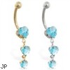 14K Gold belly ring with triple heart Aquamarine dangle