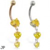 14K Gold belly ring with triple heart yellow CZ dangle