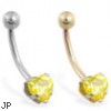 14K Gold belly ring with yellow 6mm CZ heart