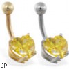 14K Gold belly ring with yellow 8mm CZ heart