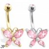 14K Gold Butterfly Belly Ring, Pink