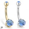 14K Gold Checkered Sapphire Gem Navel Ring, 14 Ga