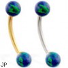 14K Gold curved barbell with Blue Green opal balls