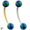 14K Gold curved barbell with Blue Green opal balls