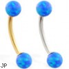 14K Gold curved barbell with Blue opal balls