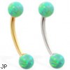 14K Gold curved barbell with Green opal balls