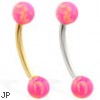 14K Gold curved barbell with Pink opal balls