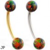 14K Gold curved barbell with Rainbow opal balls