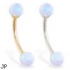 14K Gold curved barbell with White opal balls