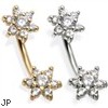 14K Gold Double Flower Belly Ring, CZ