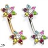 14K Gold Double Flower Belly Ring, Multicolored