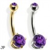 14K Gold Double Jeweled Belly Ring, Amethyst