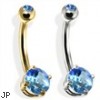 14K Gold Double Jeweled Belly Ring, Blue Zircon