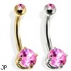 14K Gold Double Jeweled Belly Ring, Pink Tourmaline