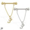 14K Gold gold nipple ring with dangling cursive initial S, 14 ga