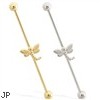 14K Gold Industrial Straight Barbell With Dragonfly Charm