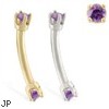 14K Gold internally threaded curved barbell with amethyst gems