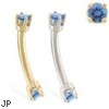 14K Gold internally threaded curved barbell with blue zirconia gems