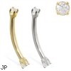 14K Gold internally threaded curved barbell with clear CZ gems