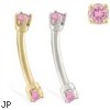 14K Gold internally threaded curved barbell with pink tourmaline gems